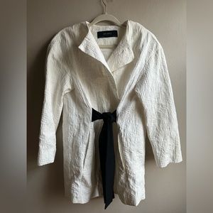 Zara White Textured Jacket/blazer with Black Tie